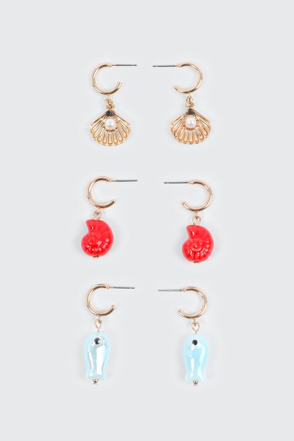 3-Pack Shell & Fish Charm Hoops