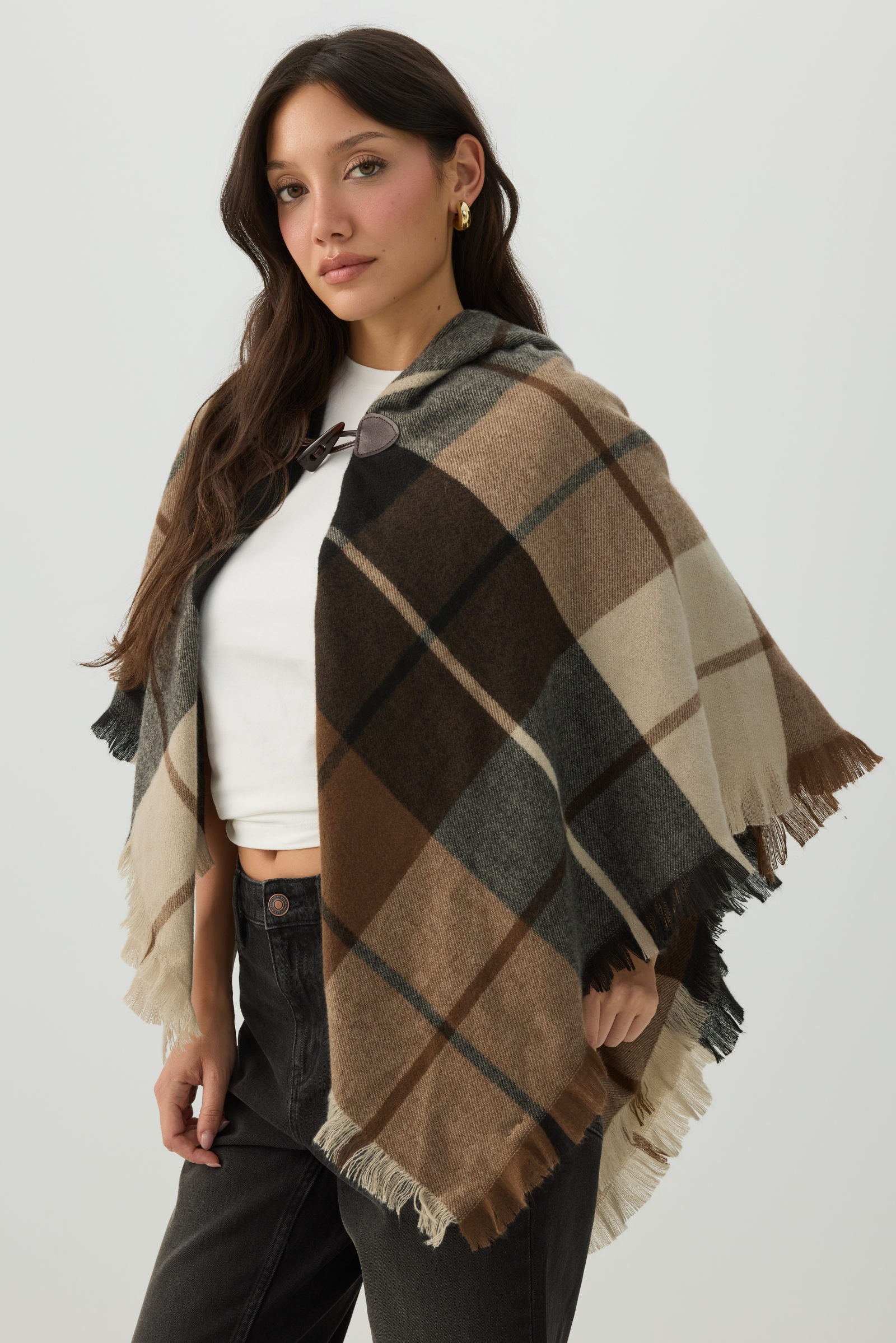 Plaid Shawl with Toggle Closure