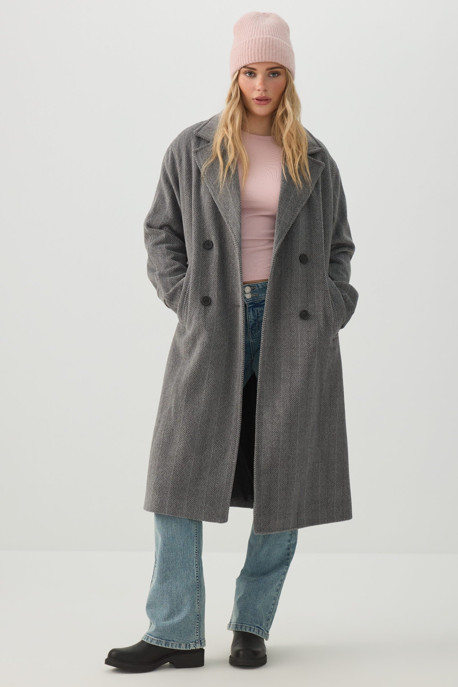 Oversized Herringbone Double Breasted Coat