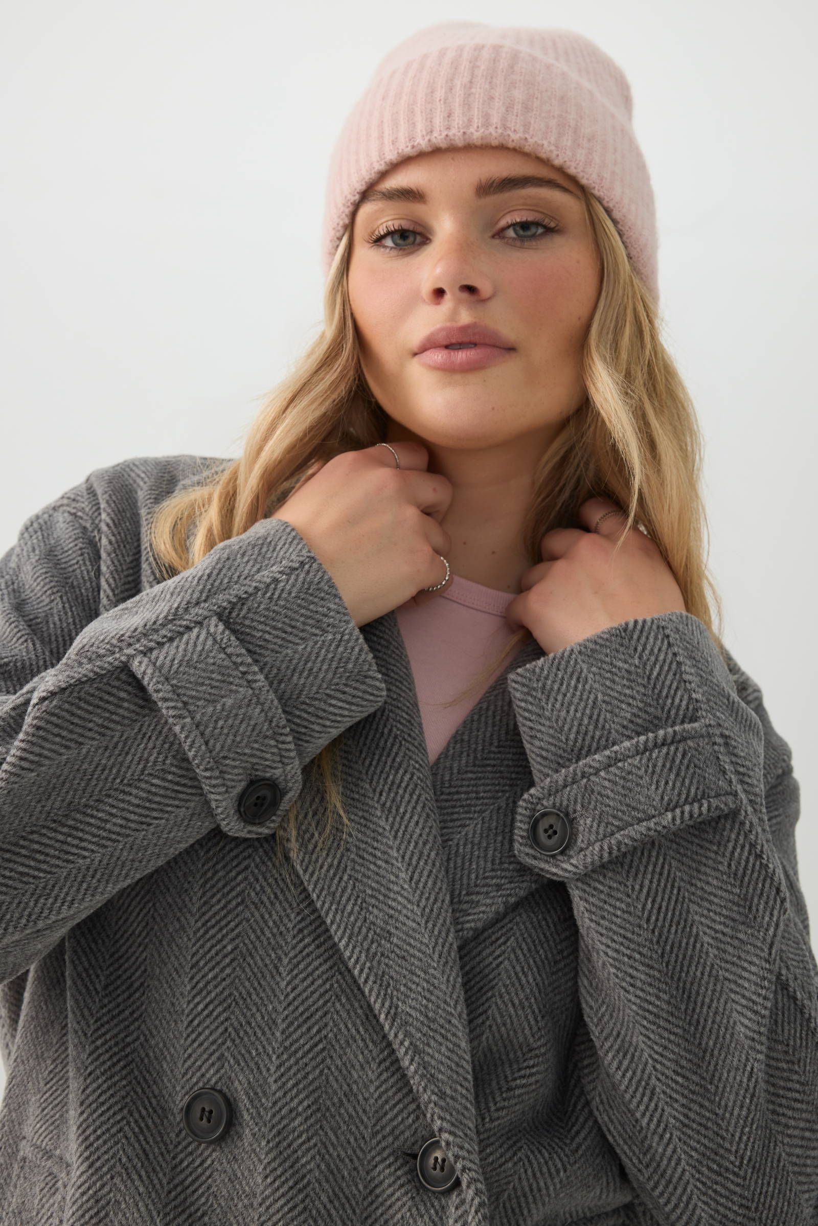 Oversized Herringbone Double Breasted Coat